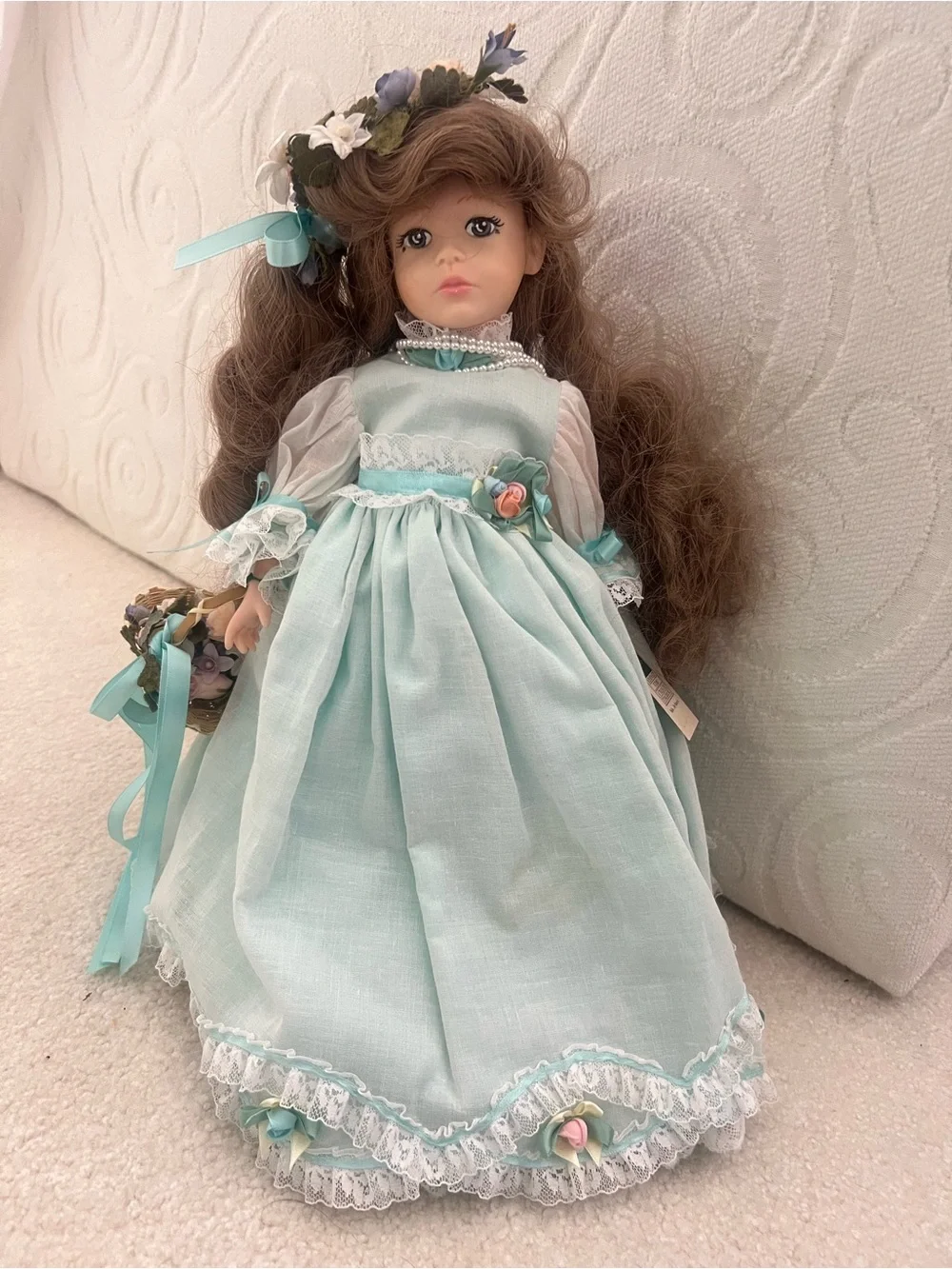 Vintage Collectible Mint Green Porcelain Doll Floral Headpiece BasketCollectible